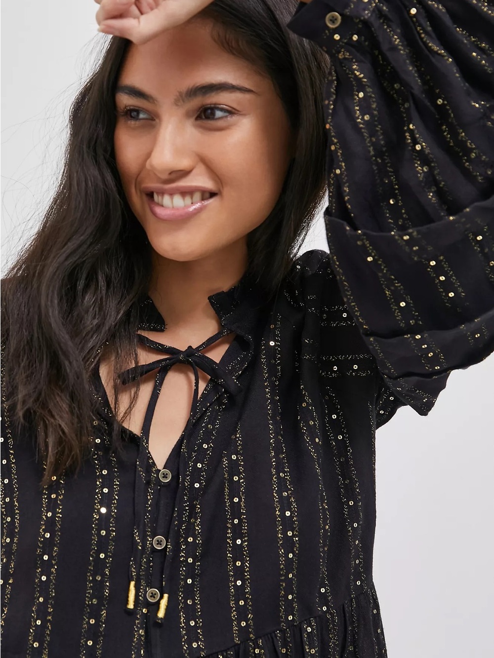 Anthropologie Quinn Sequin Top with Layers and Tiered Balloon Sleeves